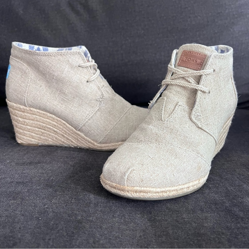 TOMS Natural Linen Wedge Booties